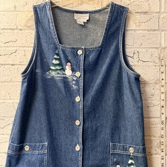 Karin Stevens Vintage Denim Jumper Dress – Snowman & Christmas Tree Print – 8 - Picture 2 of 9